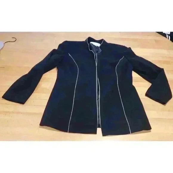 Vintage Black Blazer Jacket White Piping Details Open Front Sz 12 Jones NY - Picture 2 of 8